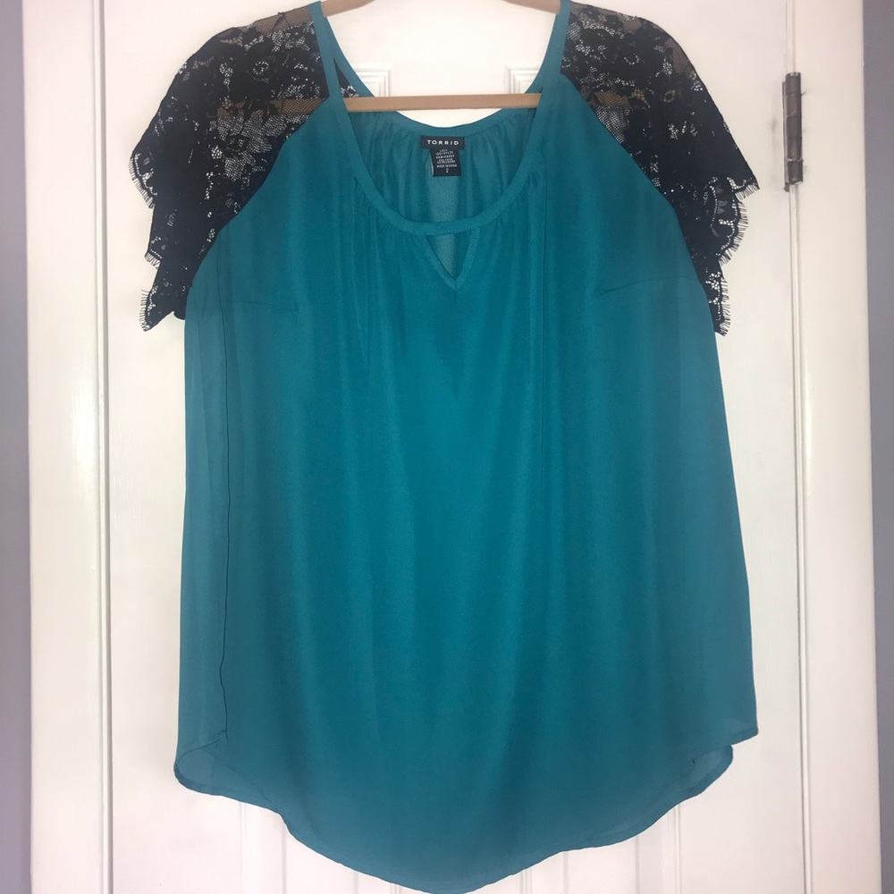 Bright Teal Top with Short sleeves- Lace
